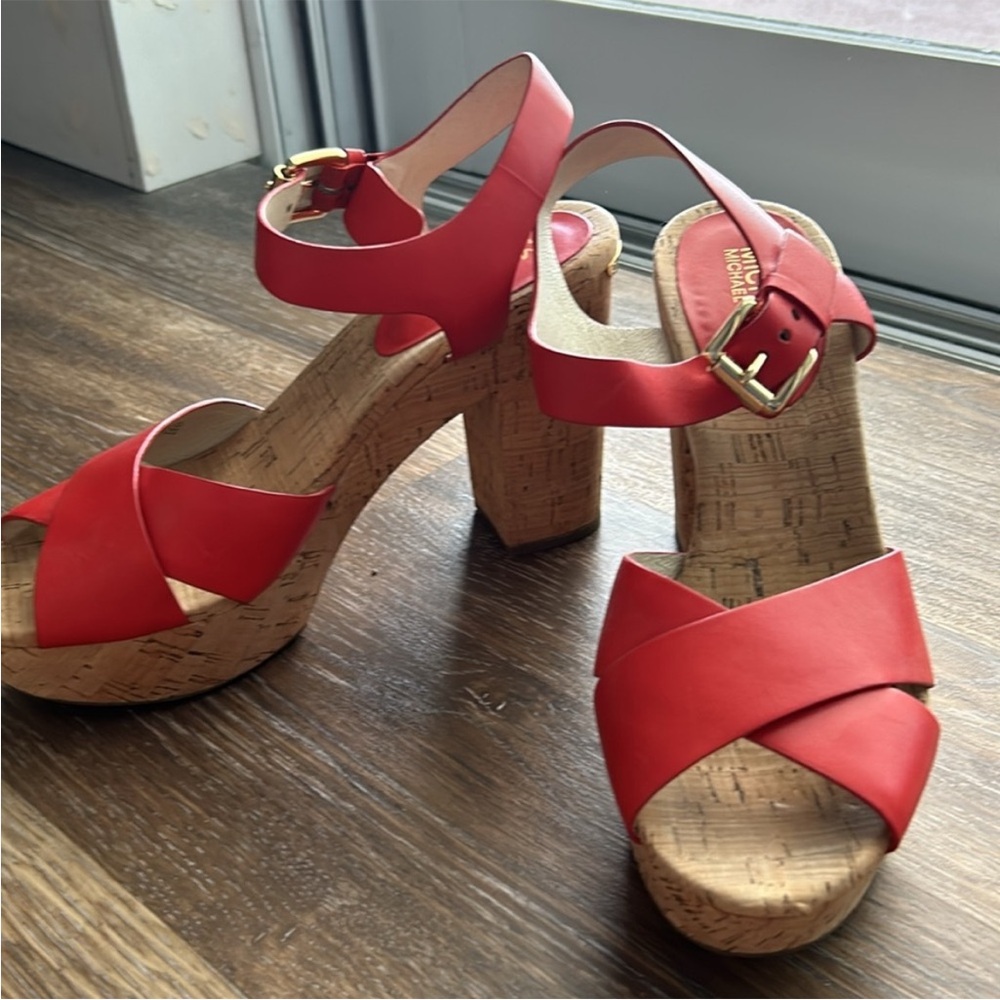Michael Kors Red Leather Cork Platform Sandals